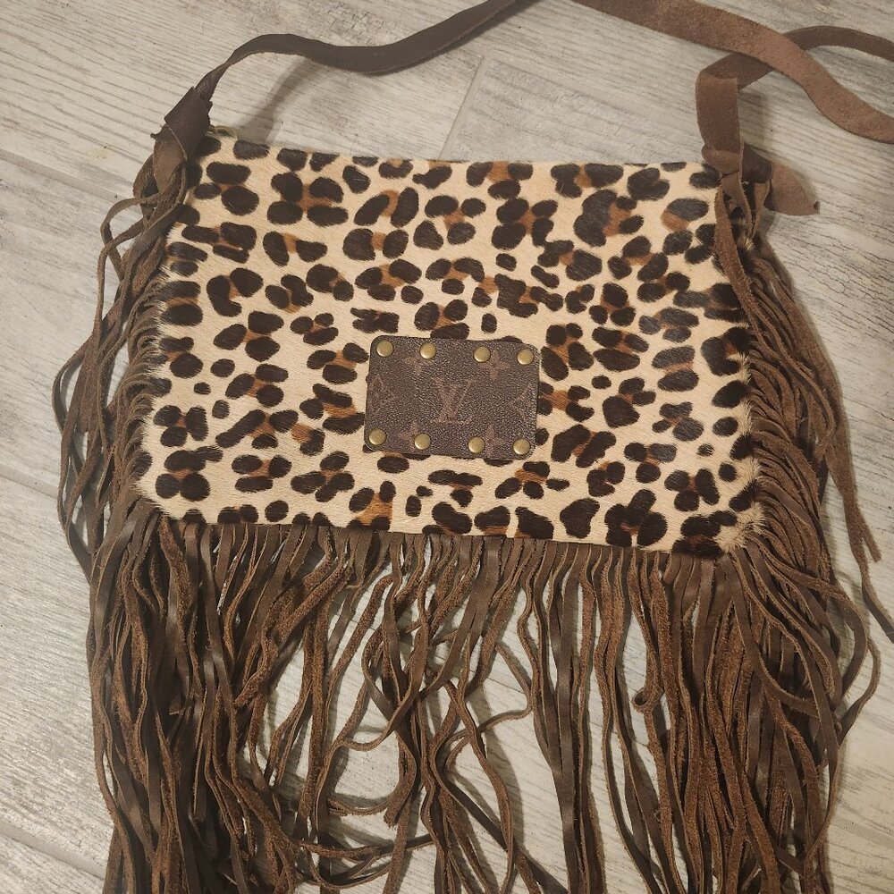 Handmade genuine leather leopard print cowhide fringe crossbody purse